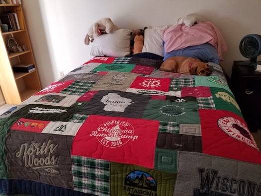 memory quilt made from T-shirts and plaid shirts by Too Cool T-shirt Quilts